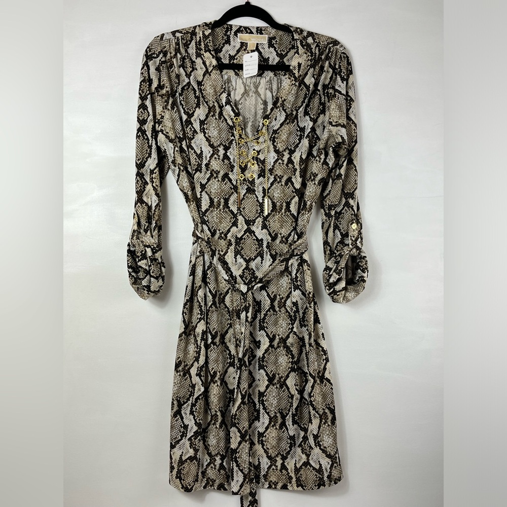 Michael Kors Women’s Snakeskin Print Shift Dress Sz L Roll Sleeves Gold Bling